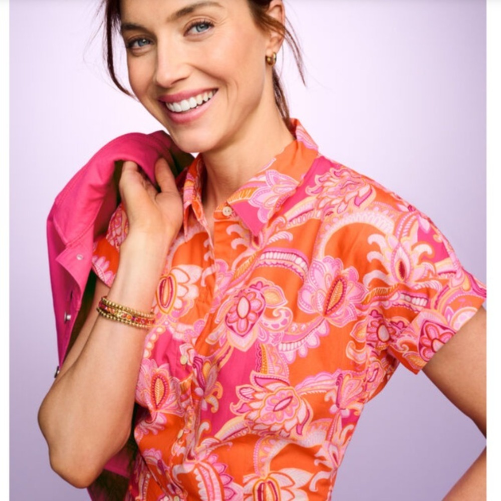 Talbots Sutton Shirt Dress, Sz 8, Pink & Orange Paisley Cotton Belted Pockets - Picture 13 of 13